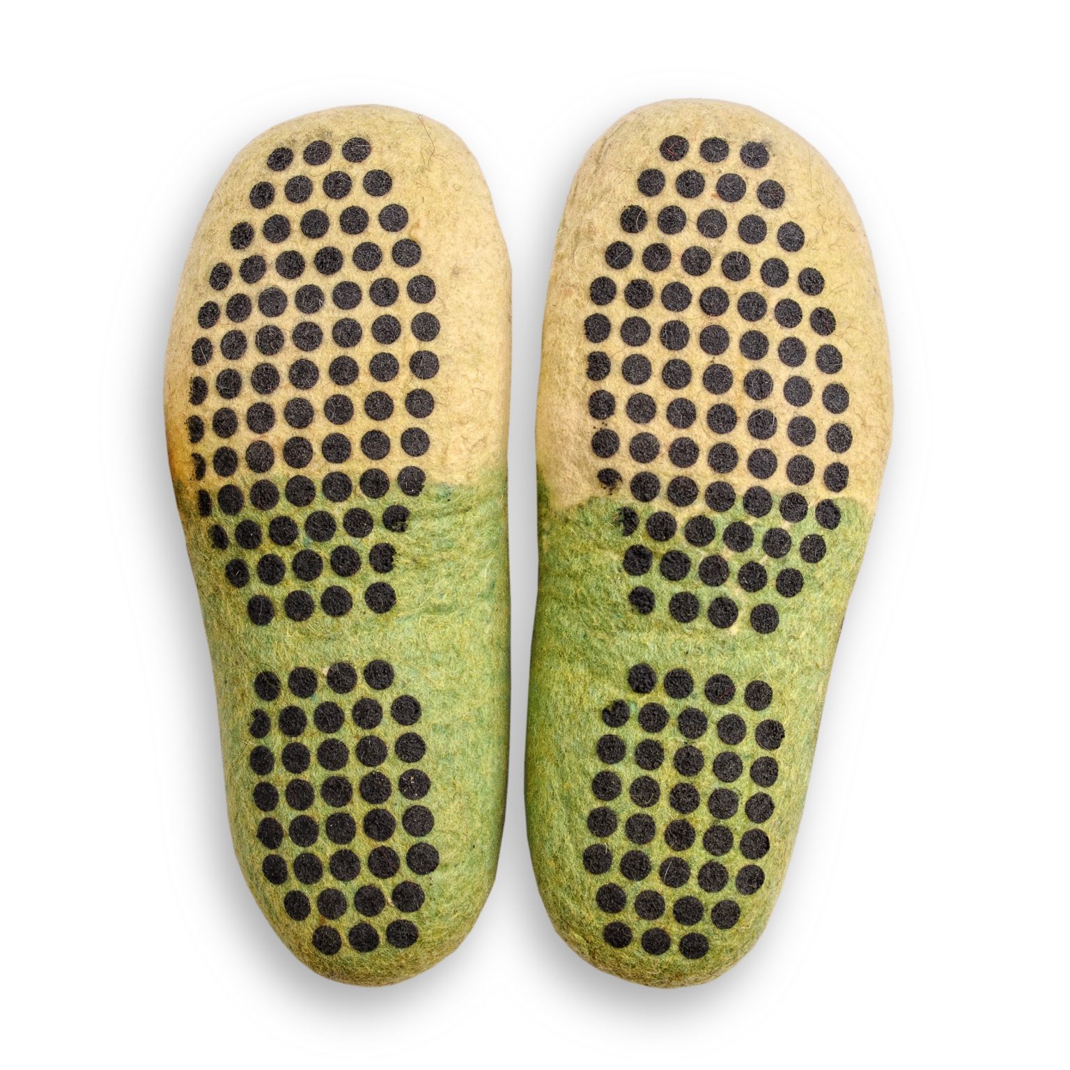 Grün gelbe filzschuhe aus wolle mit noppen 5